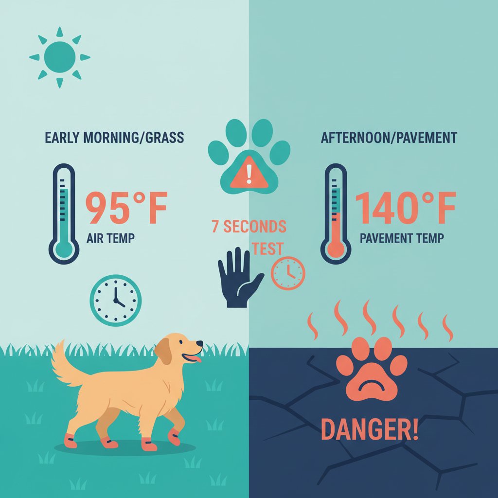 Infographic showing hot pavement temperature danger for dogs with comparison chart and paw safety tips