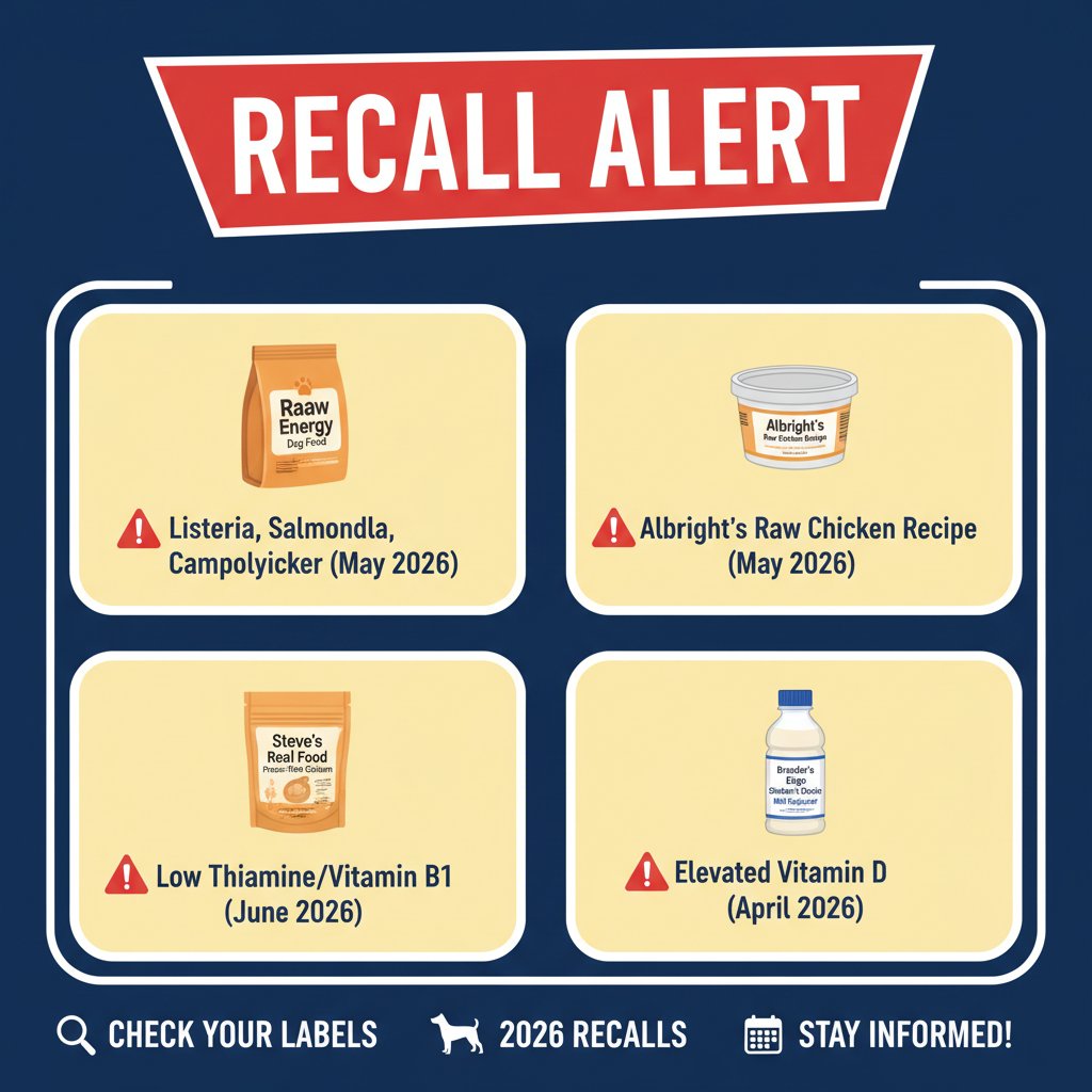 Infographic showing dog food and treat recalls from Spring 2026 with brand names and contamination details