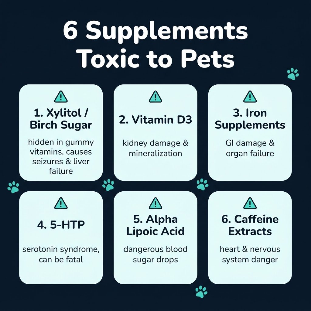 Infographic: Supplements That Are Toxic to Pets — Xylitol, Vitamin D3, Iron, 5-HTP, Alpha Lipoic Acid, Caffeine Extracts